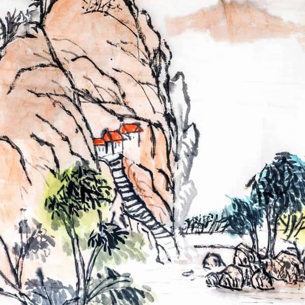 a drawing of a house on a cliff.