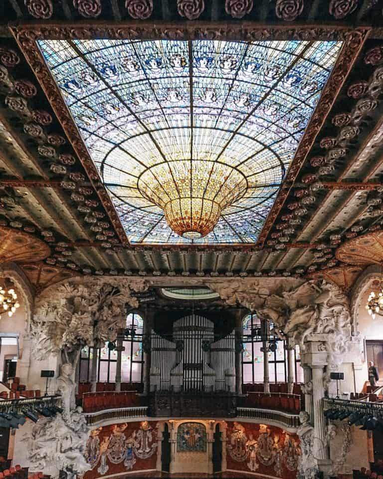 A large ornate building with a stained glass ceiling in Barcelona.