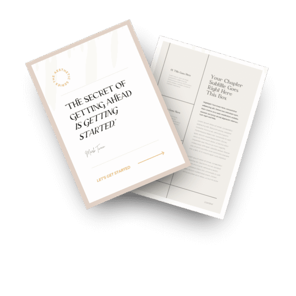 Two overlapping documents, one with a cover reading "The Secret of Getting Ahead is Getting Started," and another open to a two-column layout with sections and placeholder text.