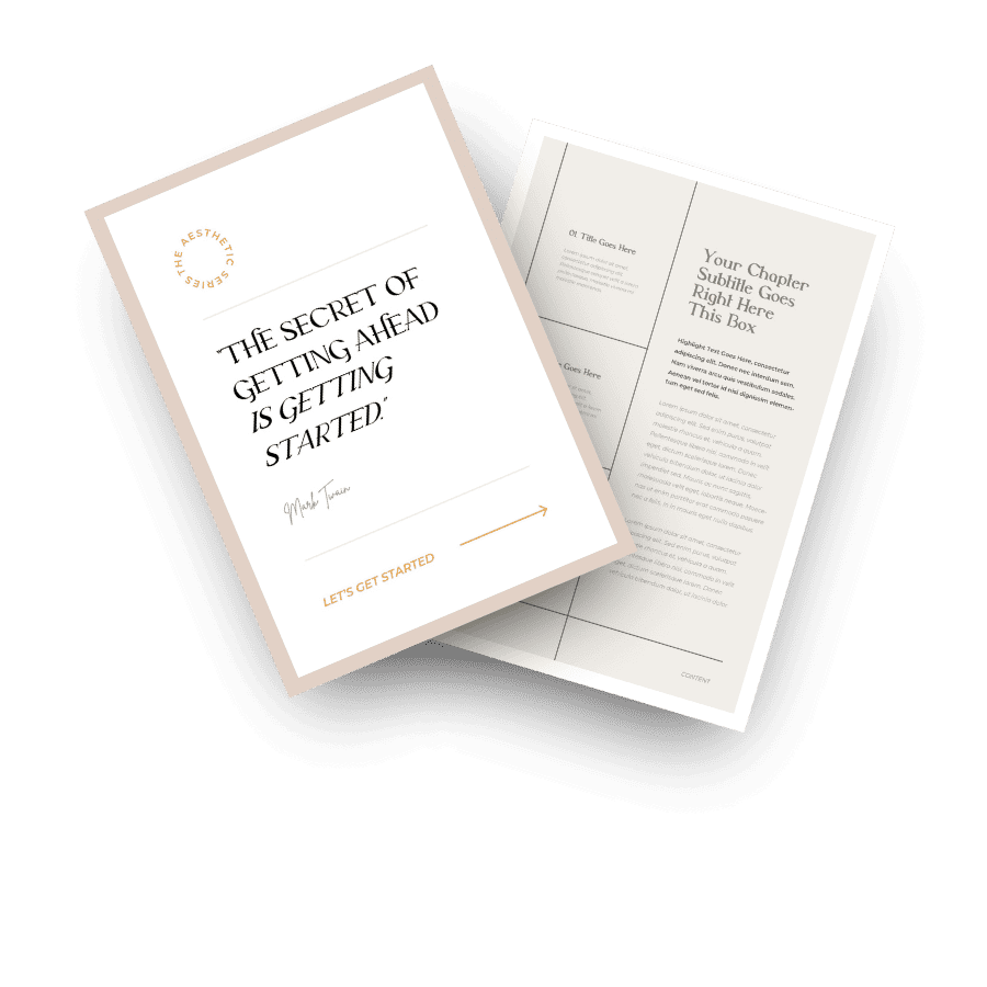Two overlapping documents, one with a cover reading "The Secret of Getting Ahead is Getting Started," and another open to a two-column layout with sections and placeholder text.