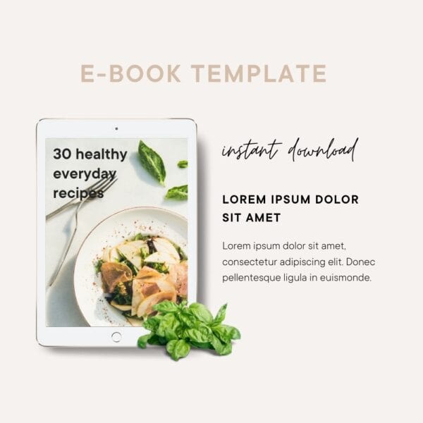 E-book template ad showing a tablet with a recipe book cover, fresh spinach leaves, and placeholder text for instant download information.
