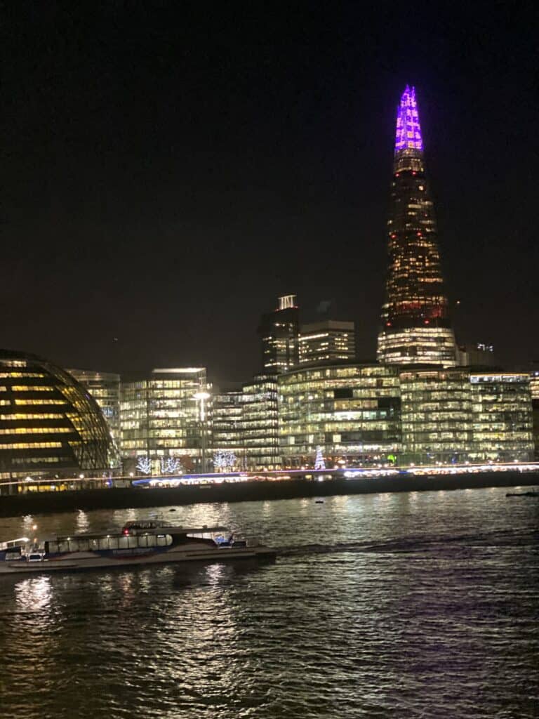 Is London Safe - views of the Shard and London City Hall at night to show you it's important to walk in well lit areas  when walking arounnd london 