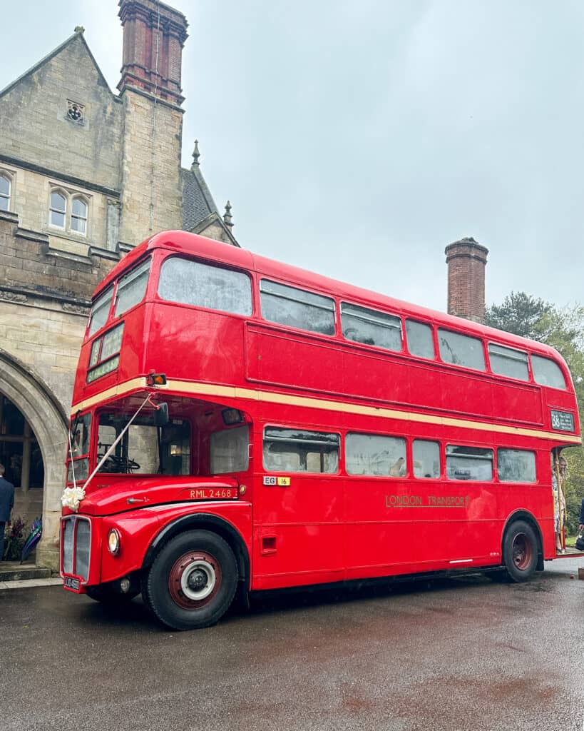 A double decker bus parked in London.